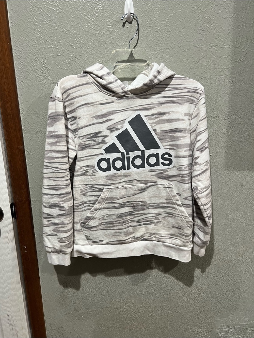 adidas White Hoodie with Light Gray Marble Stripes and Black Logo